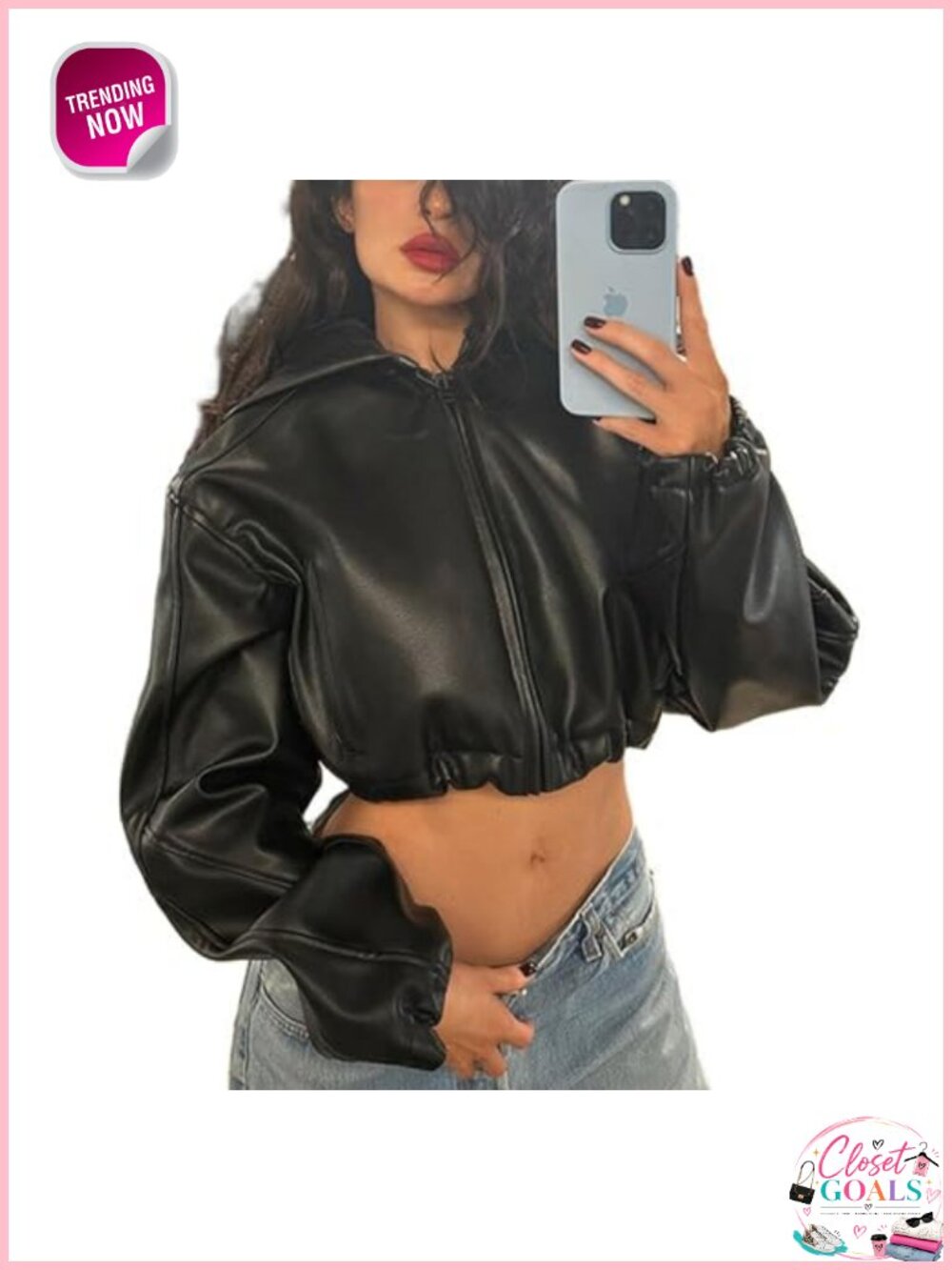 Faux Leather Jacket Women Cropped Hooded Zip Up Motorcycle Bomber